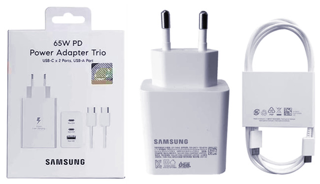 Chargeur ultra-rapide Samsung Trio 2 USB-C et USB-A 65W avec câble USB-C de 1,8m blanc
