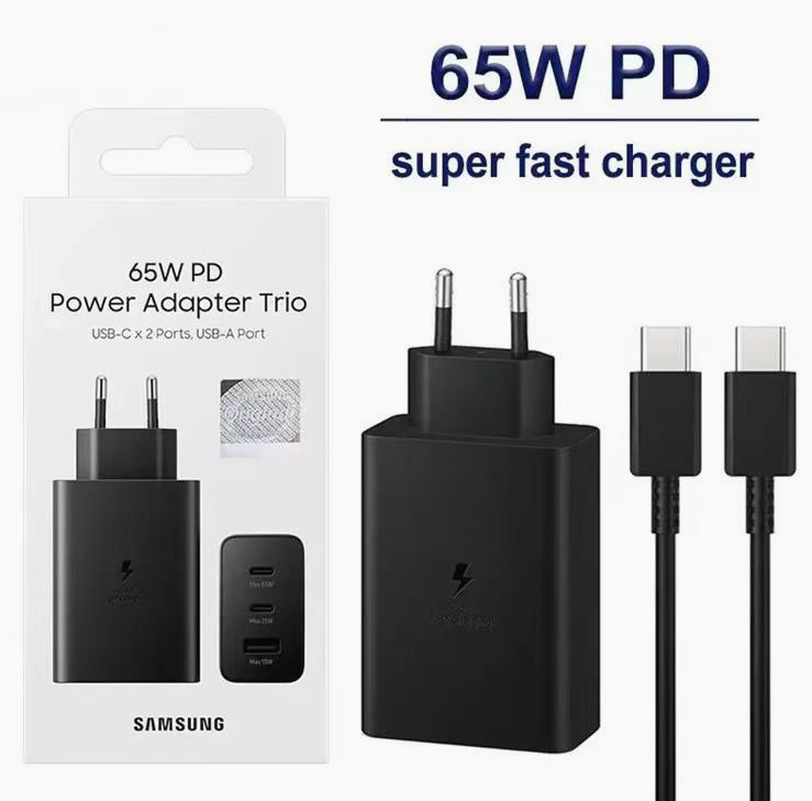 Chargeur ultra-rapide Samsung Trio 2 USB-C et USB-A 65W avec câble USB-C de 1,8m noir