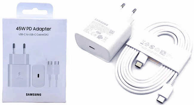 Chargeur rapide Samsung 45W avec câble de charge USB-C de 1,8m blanc